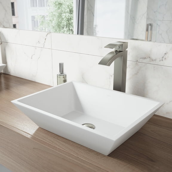 VIGO Matte Stone Vinca Composite Rectangular Vessel Bathroom Sink in White with Faucet and Pop-Up Drain in Brushed Nickel