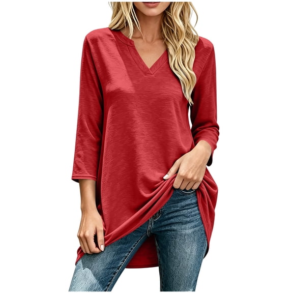 Qgtaibl Long Sleeve V Neck Tunic Tops for Women Solid Color Loose Fit Long Tee Shirts for Fall Going Out Red XXL