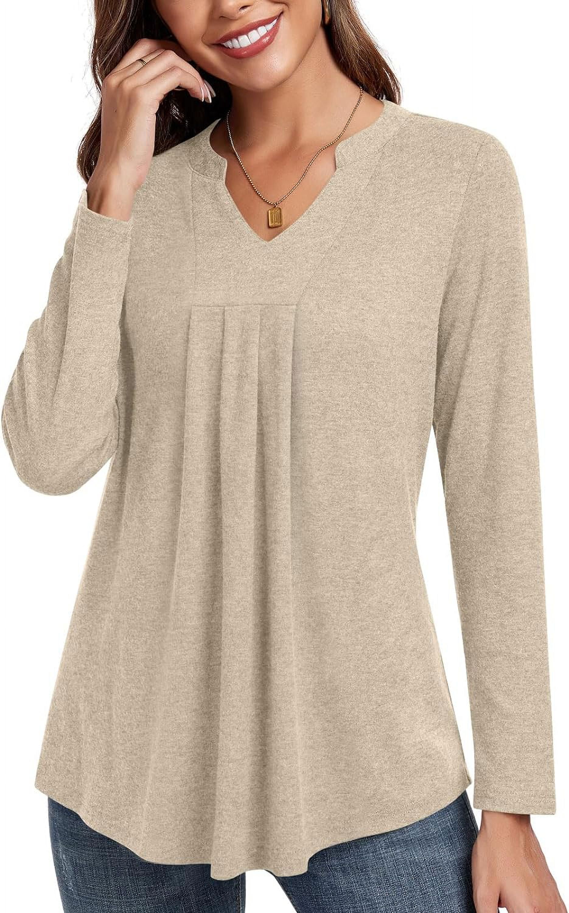 Womens Fall Long Sleeve Tunic Tops Notch V Neck Shirt Casual Pleated Basic Pullover - image 3