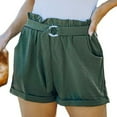 thumbnail image 1 of Pantalones cortos de cintura alta para mujer, color verde OD, con cinturón elástico, bolsillos, corte recto, talla M, 1 of 6