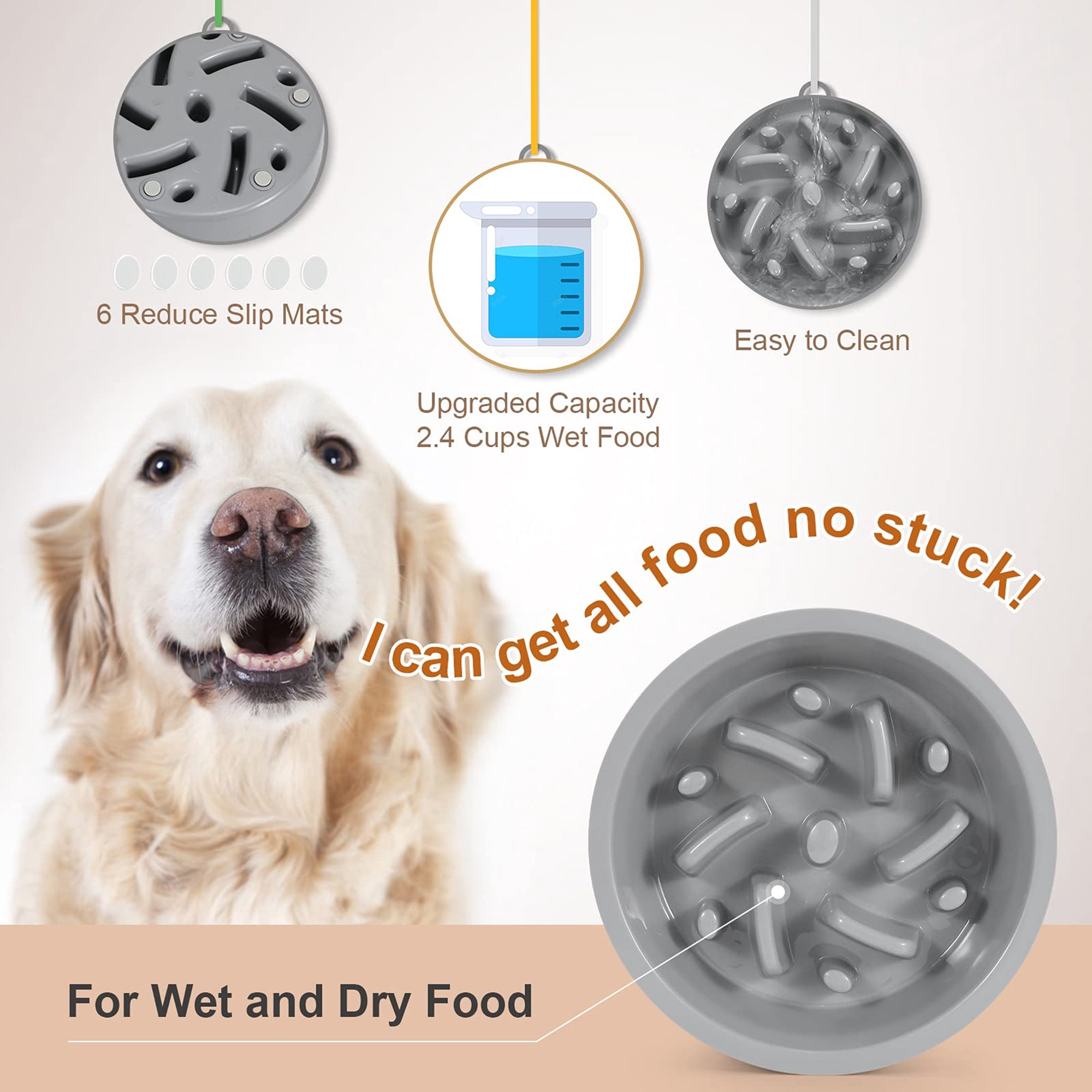 Slow feeder dog bowl, puzzle design eleated dog bowl replacement, bloat stop interactie dog bowl for raised feeders, fits 7.5 to 8 inch openings, gray