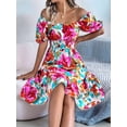 thumbnail image 4 of Women's Short Sleeve A Line Dresses Square Neck Flowy Floral Smocked Midi Dress for Casual Red S, 4 of 10