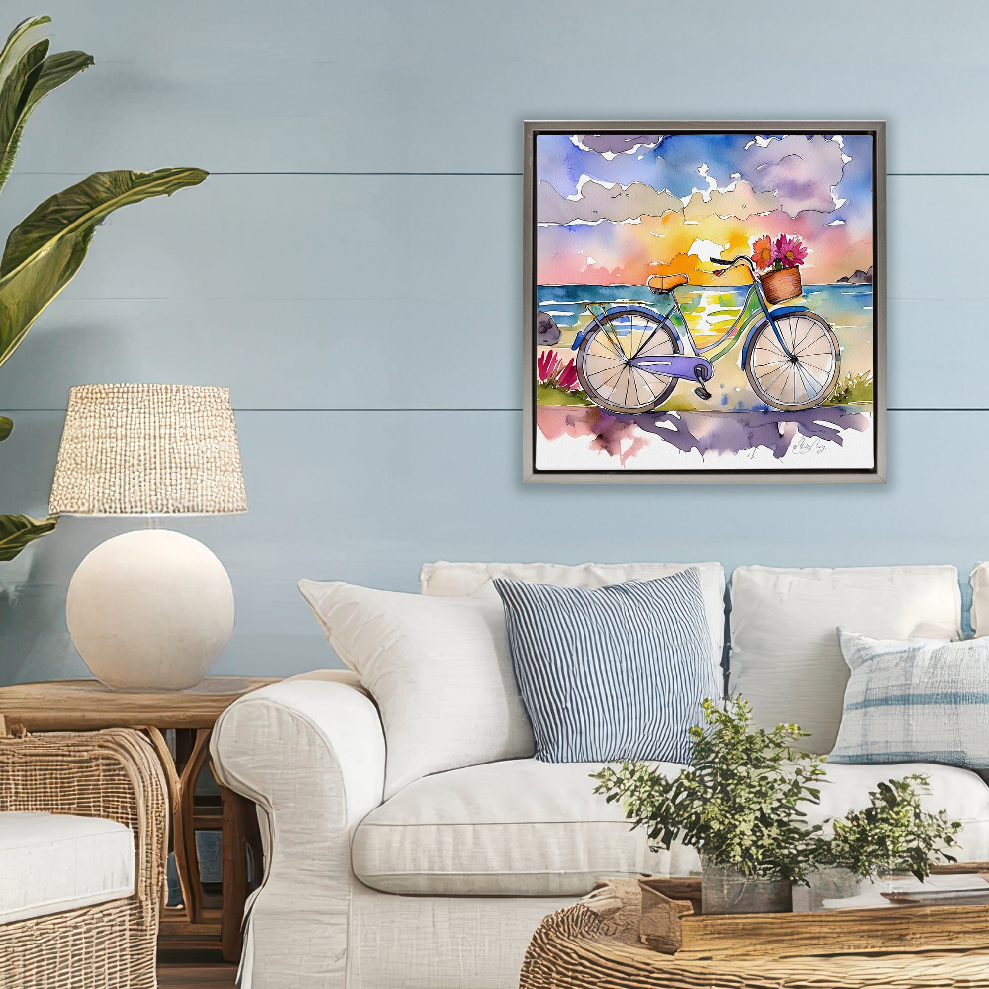 Stupell Industries Bicycle By The Seaside Gray Framed Floater Canvas Wall Art, design by Shelly Craig