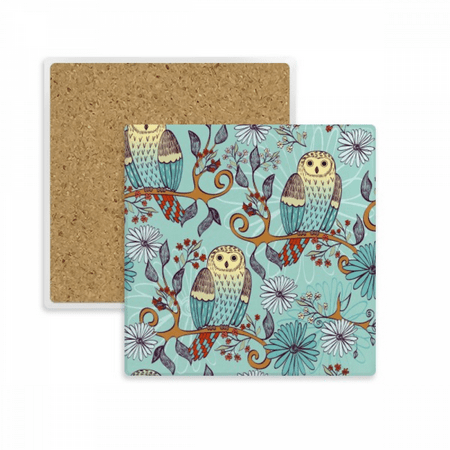 

Blue Flower Owl Protect Animal Pet Lover Square Coaster Cup Mat Mug Subplate Holder Insulation Stone