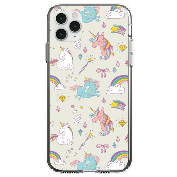 DistinctInk Clear Shockproof Hybrid Case for iPhone 11 Pro (5.8" Screen) - TPU Bumper, Acrylic Back, Tempered Glass Screen Protector - Unicorn Rainbow Wand Pattern - Beige