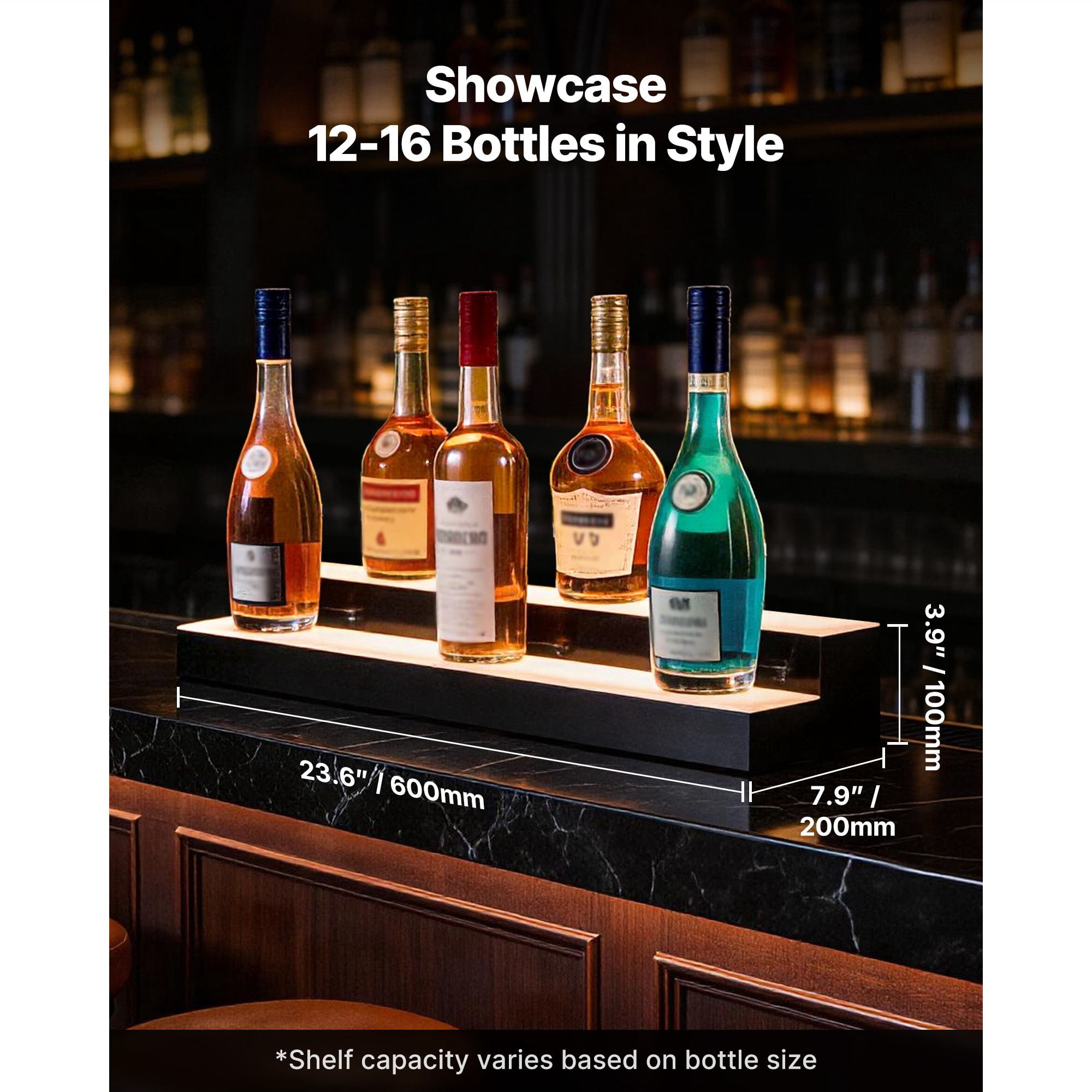 24 Inch LED Lighted Liquor Bottle Display, 2-Tier Acrylic Rack, Holds 12-16 Bottles, App & RF Remote Control, 9 Static Colors, Music Sync, for Home Bars & Commercial Displays