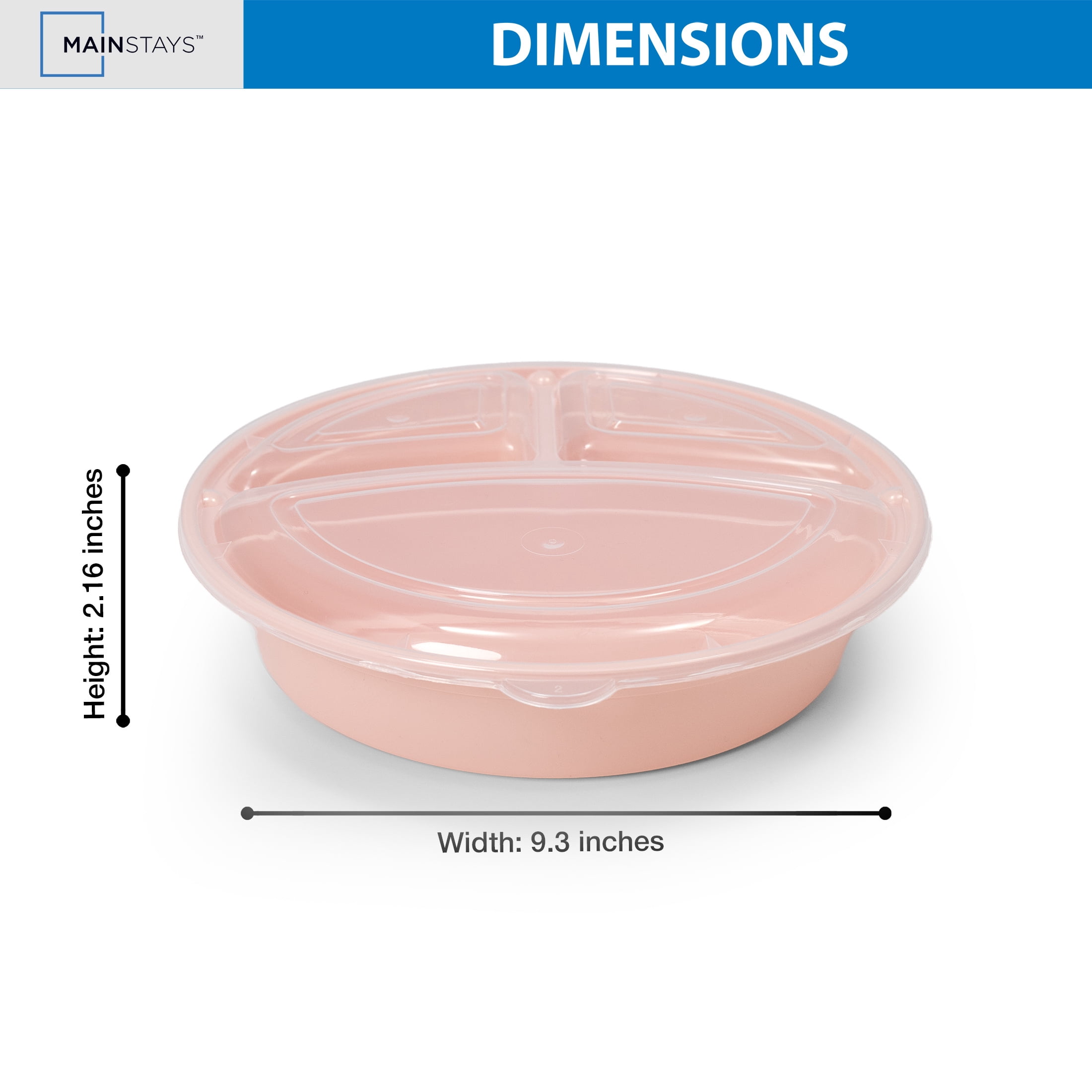 Mainstays 5-Pack 3-Compartment Round BPA-Free Plastic Meal Prep Food Storage Containers, 1L, Pink Blush