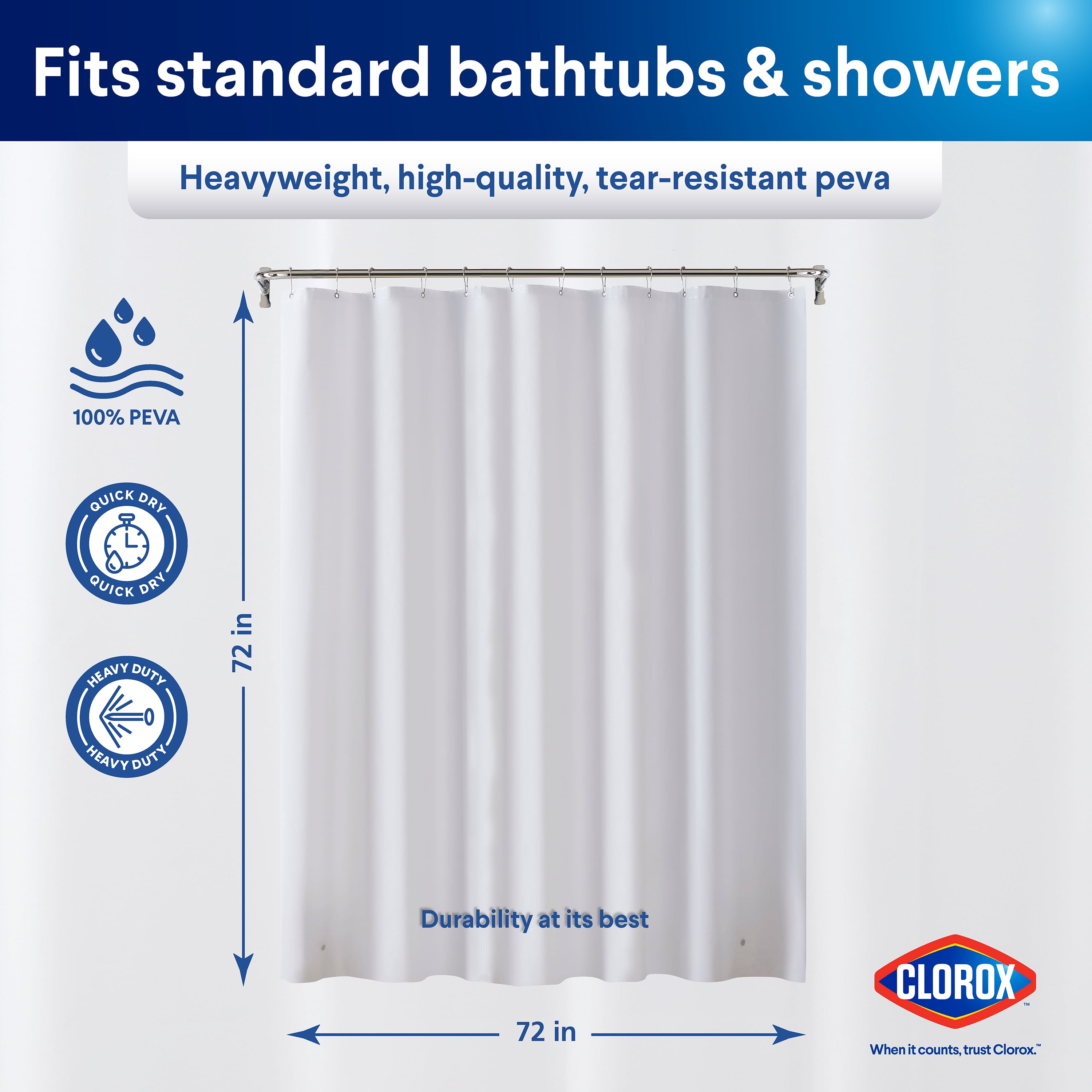 Clorox Shower Curtain Liner, Premium Heavyweight Durable Waterproof 8g PEVA for Bathroom with Weighted Magnets, Standard Size 72" x 72", Frosty 1 Pack