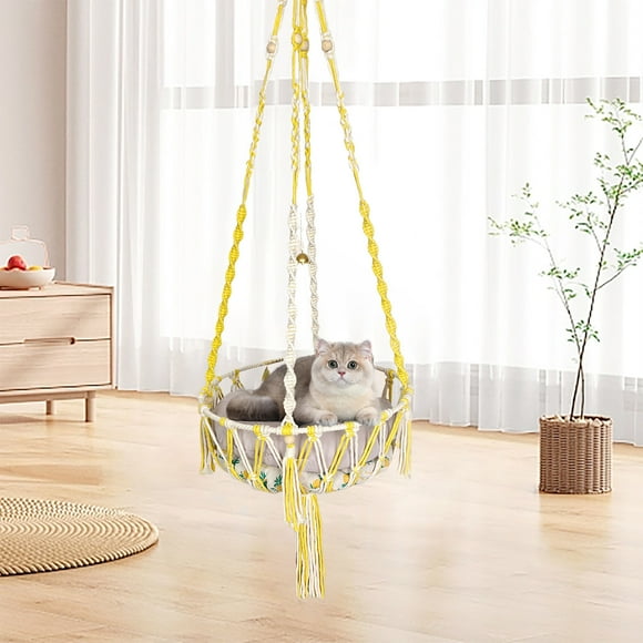EGNMCR Hand Woven Kittens Hammocks Hanging Cats Bed Bohemian With Hanging Kit Interior Decoration Cats Swings Kitty Hanging Basket With Bells Fabric Cat Hammock