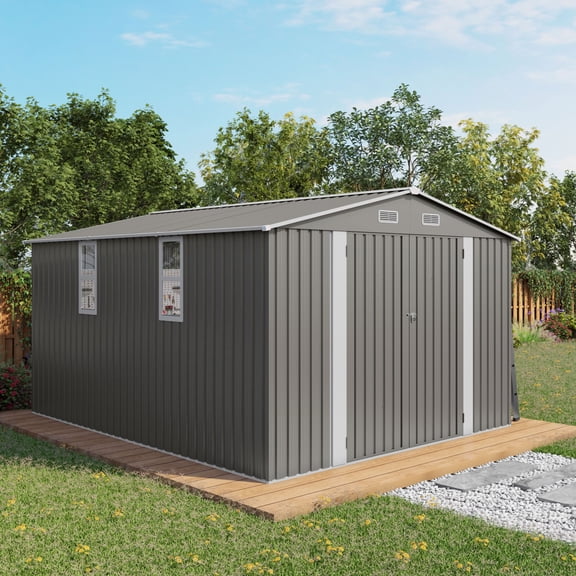 MAYEERTY 10x12 FT Large Metal Outdoor Storage Shed, Galvanized Steel Garden Shed with Lockable Doors, Windows & Waterproof Roof, for Backyard, Patio, Lawn