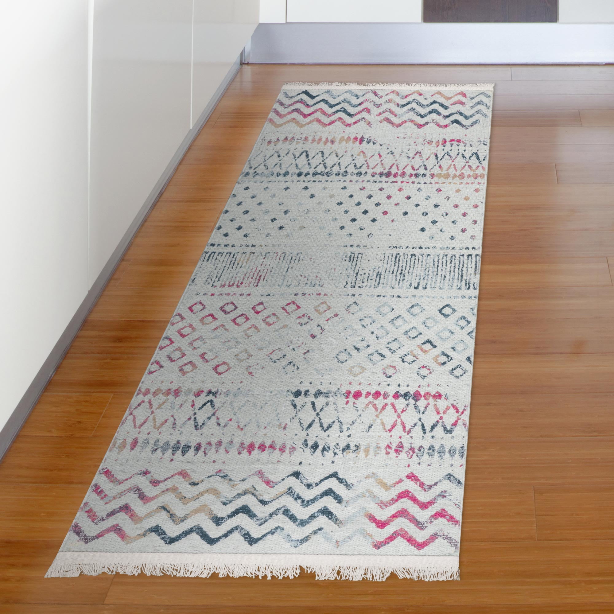 Ottomanson Machine Washable Cotton 2x5 Flatweave Runner Rug for Bedroom, 20" x 59", Off White/Multicolor Moroccan/Boho