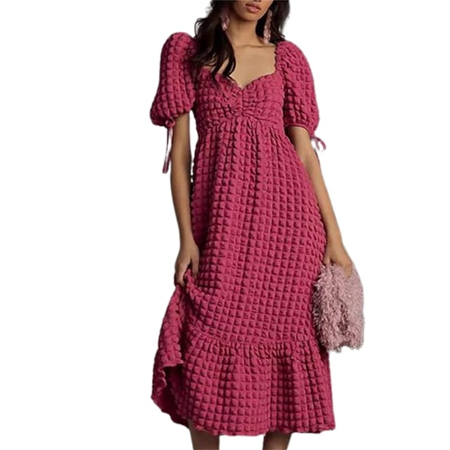 Gupgi Women's Puff Sleeve Midi Dress Solid Color Bubble Textured Smocked Sweetheart Neck Ruffled Flowy Dress