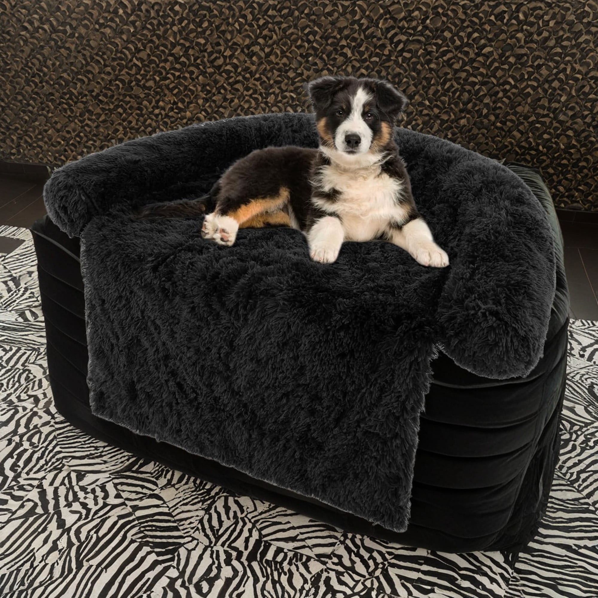 Kadyn 44" Plush Long Fur Dog Couch Bed, Dog Bed Mats with Anti-Slip Bottom, Washable Removable Couch Cover, Perfect for Small, Medium Dogs Cats, Black-M
