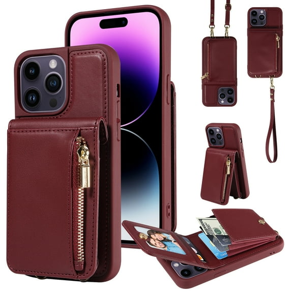 Nalacover RFID Blocking Wallet Case for iPhone 15 Plus, Shockproof PU Leather Magnetic Button Zipper Purse Card Slots & Kickstand Crossbody Phone Case with Shoulder & Wrist Strap,Winered