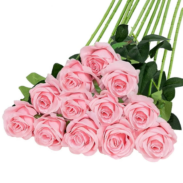 Artificial Silk Flowers Realistic Roses Bouquet Long Stem for Home Wedding Decoration Party (12PCS-Pink)
