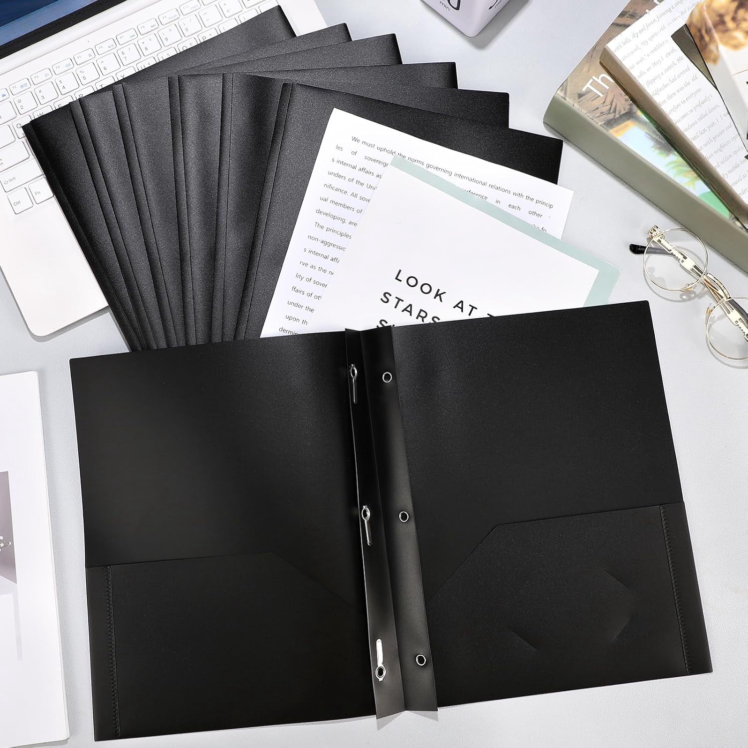 48 Pcs Plastic Folders with 2 Pockets and 3 Prongs Home Folders with Card Slot Letter Size Heavy Duty Report Covers for Back to School(Black,Classic)