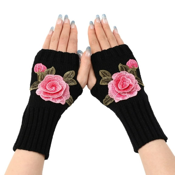 WCJM MaleLadies Warm Knit Fingerless Gloves Convertible Mittens Fashion Flowers Pink
