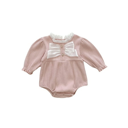 

Infant Baby Girls Romper Long Sleeve Ruffle Neck Bowknot Bodysuit Autumn Spring Princess Playsuit