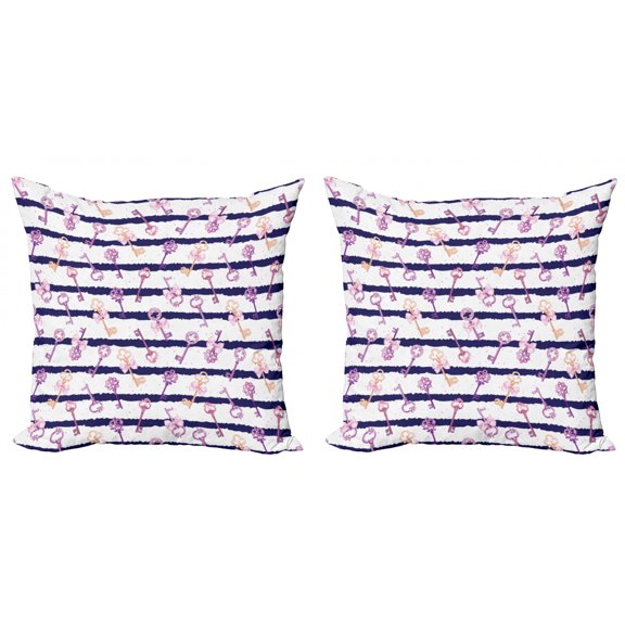 Ambesonne Retro Throw Pillow Cover 2 Pack, Vintage Keys and Ribbon, 18", Purple Blue