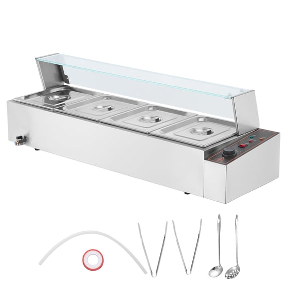 KFFKFF 4-Section Electric Buffet Server, 4 x 8QT, 1500W, Stainless Steel with Glass Lid, Adjustable Heat 86-185°F for Catering and Restaurants, Silver