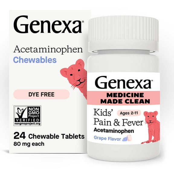 Genexa Kids’ Clean Pain & Fever Acetaminophen Chewables, Dye Free, Grape, 24 ct