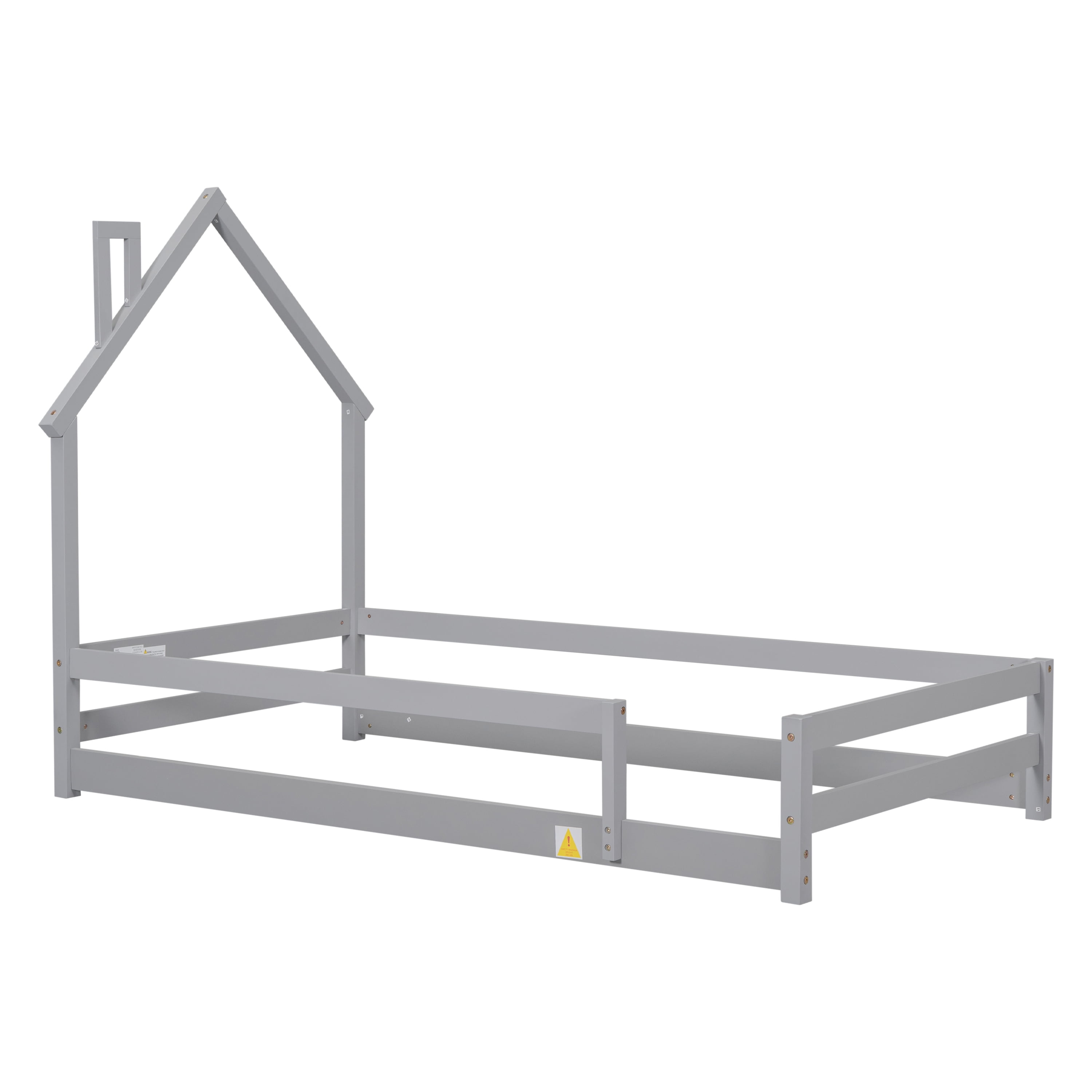 Euroco Twin Size House Bed, Low Profile Floor Bed with Chimney, Gray