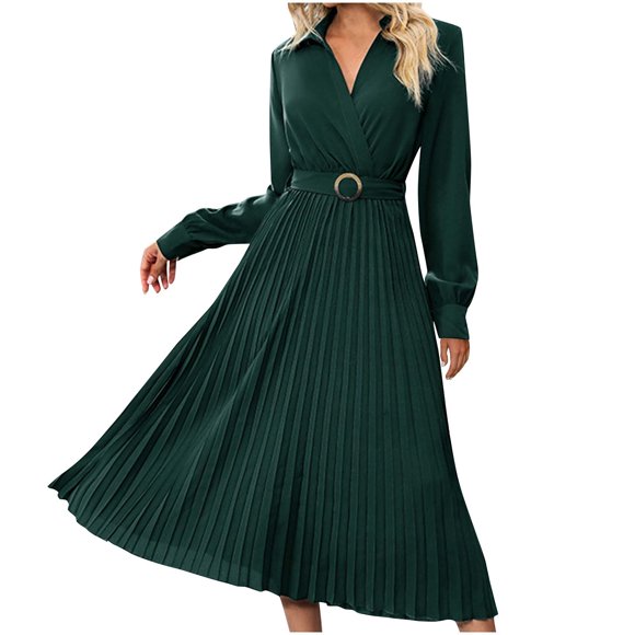 Women's Long Sleeve Pleated Spring Tea Length A Line Dress V Neck Fall Dress Fashion Workout Holiday Elegant Casual Clearance Solid Color High Waist Green S