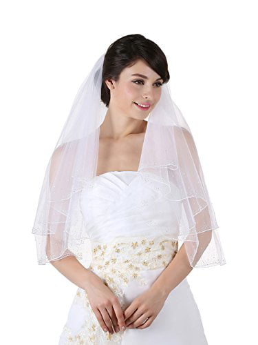 2T White Bridal Elbow Length Silver AB Beaded Scalloped Edge Wedding Veil 