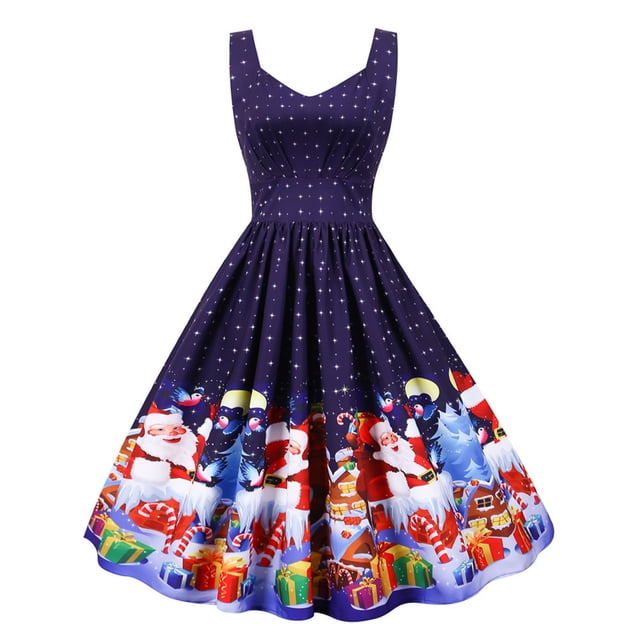 CEHVOM Robe de Fête Décontractée Sans Manches Imprimée de Noël pour Femmes