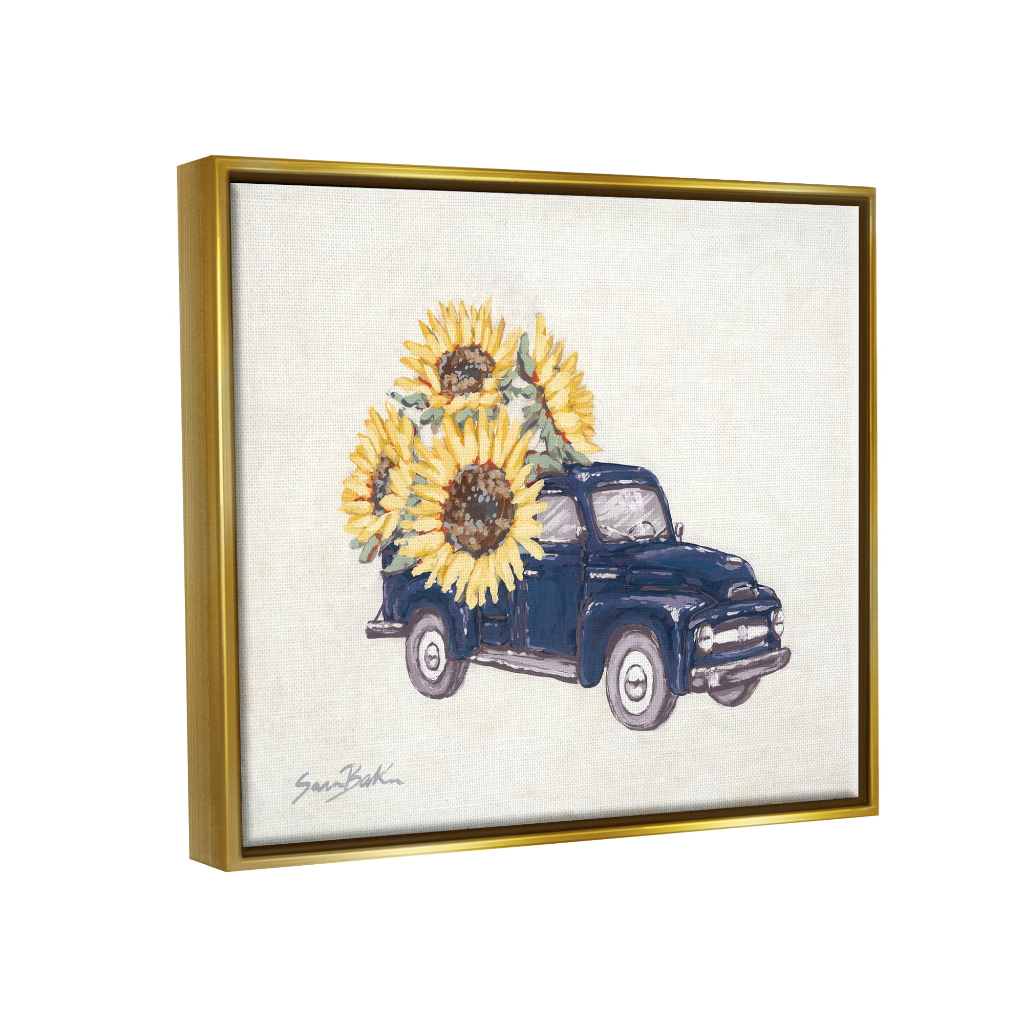 Stupell Industries Country Truck with Sunflowers Botanical & Floral Painting Gold Floater Framed Art Print Wall Art, 31 x 25