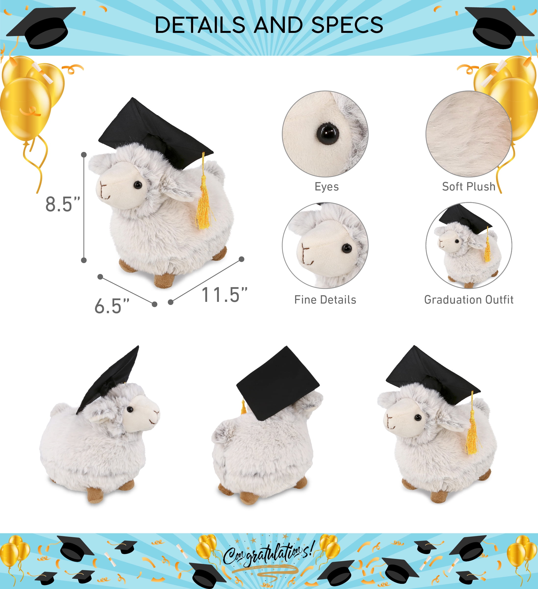 DolliBu Sheep Graduation Plush Toy - Soft Huggable Graduation Stuffed Animal Dress Up with Graduation Cap with Tassel Outfit - Cute Congratulatory Graduation Gift - 11.5 Inches