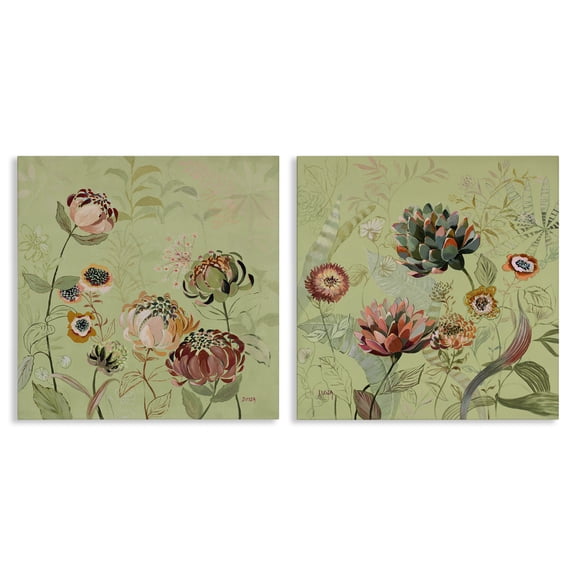 Stupell Industries Chrysanthemums on Olive Green Floral Painting Wrapped Canvas Canvas Art Print Wall Art, 17 x 17, Set of 2