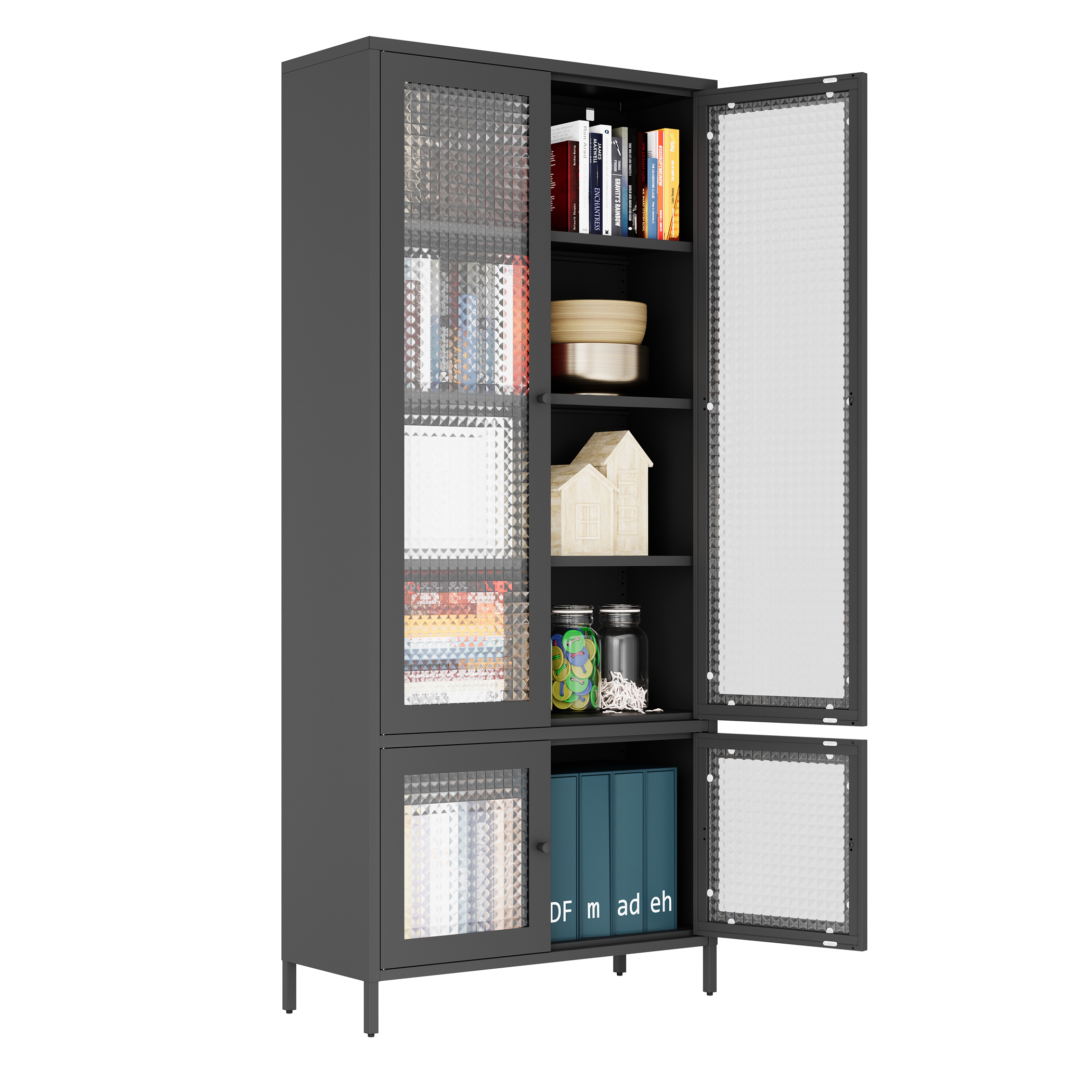 Large Metal Storage Cabinet Display Cabinet with 4 Glass Doors 5 Shelves Side Cabinet Bookcase Freestanding Cabinet for Bedroom Living Room Pantry Home Office - Black, Waffle
