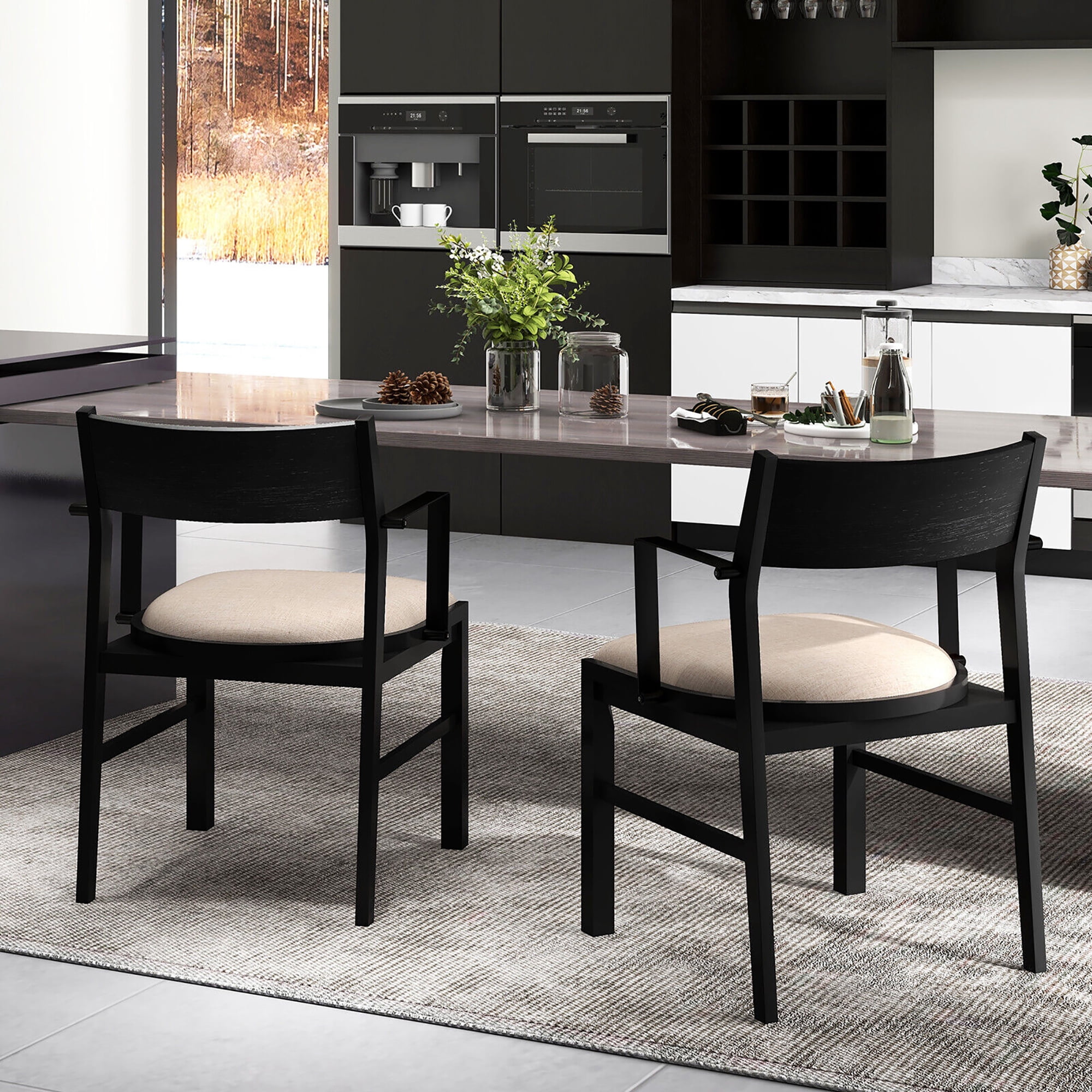 Gymax Dining Chair w/ Arms Set of 2 Modern Kitchen Chairs & Contoured Backrest Black & Beige