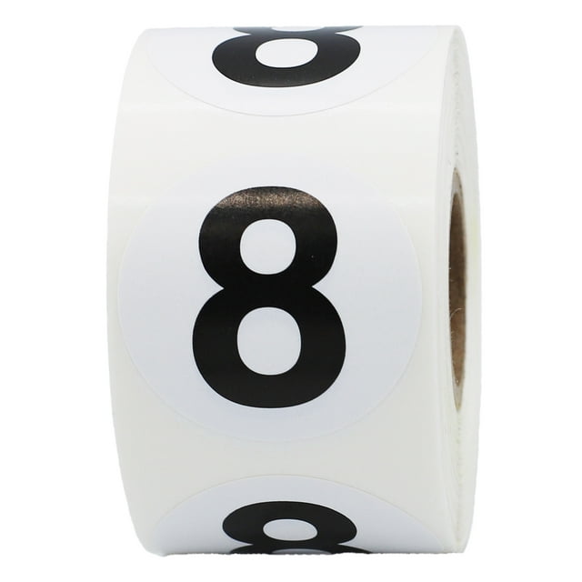 Black Number 8 Circle Stickers | 1.5" Inches Round | 500 Pack