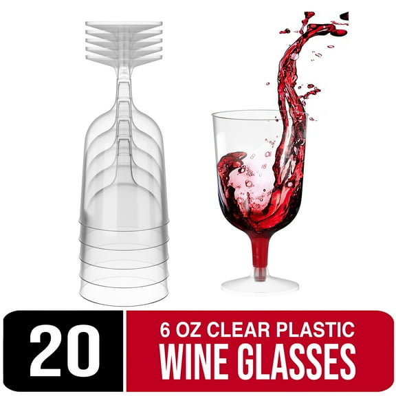 Crown Display 6 oz. Clear Plastic Standard Red Wine Glasses, 2 Piece Stemmed Disposable Wine Cup - 20 Count