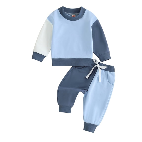Kids Sweatsuit Color Block Long Sleeve Top Pants Casual Daily Wear Play Outfit for Toddler Boys Girls Blue 18 Months-24 Months