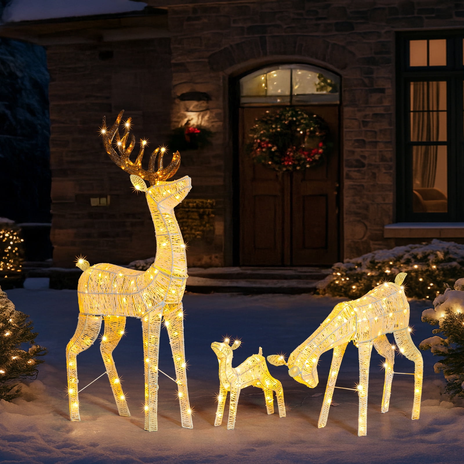 Astoutdoor 3-Piece Lighted Christmas Reindeer Family Set, Pre-Lit 280 LED Warm White Lights, White, Indoor Outdoor Holiday Decoration