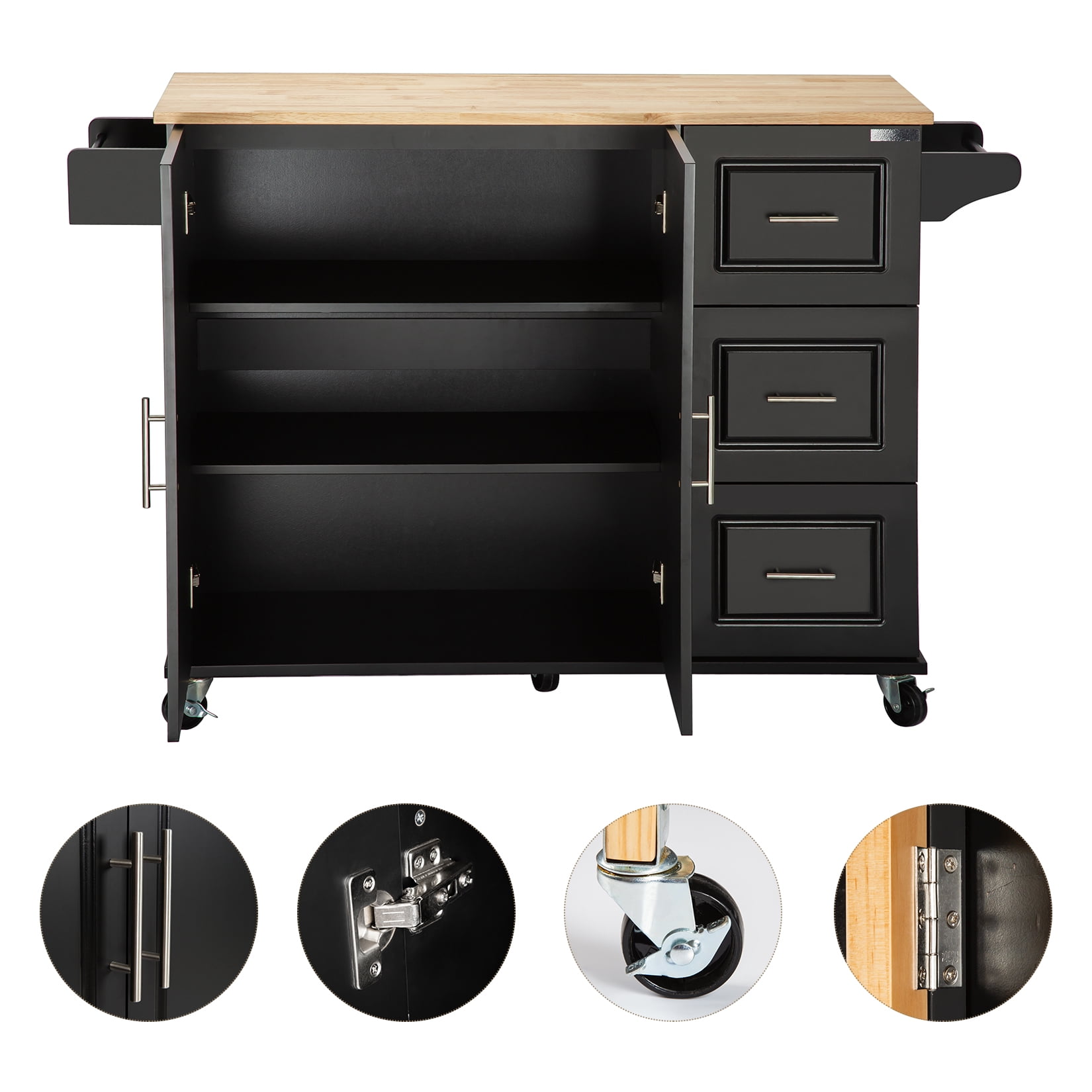 Kitchen Island Cart with Rubber Wood Top, Black