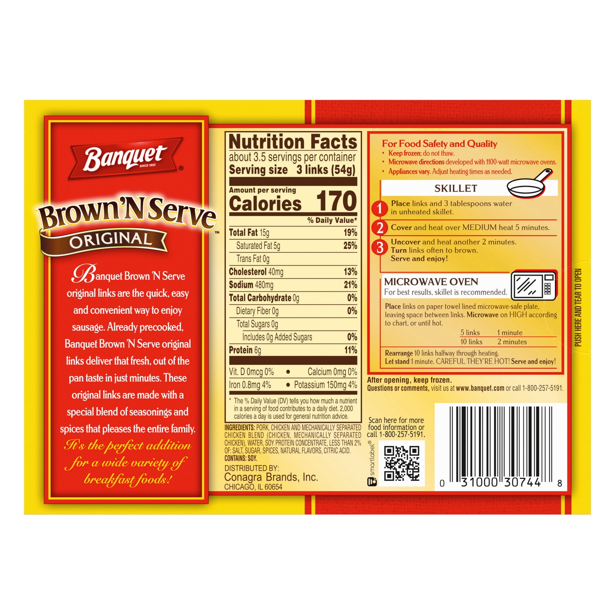 Banquet Brown 'N Serve Original Sausage Links, 6g Protein per Serving, Frozen Breakfast, 6.4 oz.