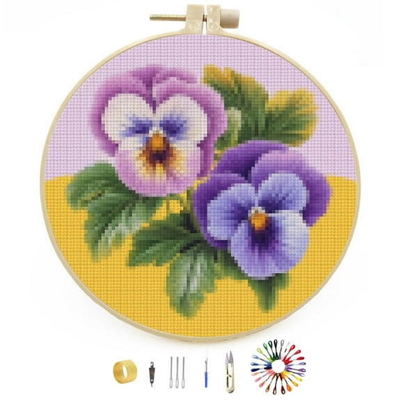 DIY Stamped Cross Stitch Kits Pansy Flowers Easy for Beginners with Hoop 11CT Counted Embroidery Needlepoint Crafts Arts for Handmade Enthusiasts and Home Decor 30x30cm(8)