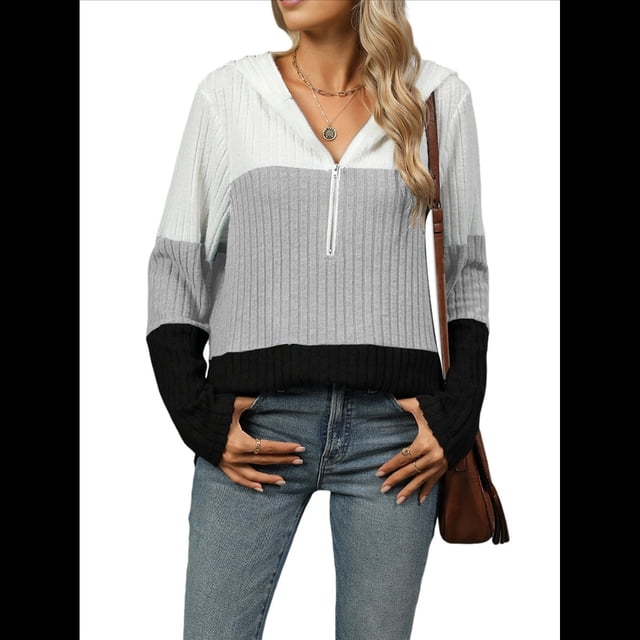 Suéter con Capucha y Media Cremallera para Mujer, Talla Grande, Color Block, Punto Acanalado, Cuello en V, Larga Gris M