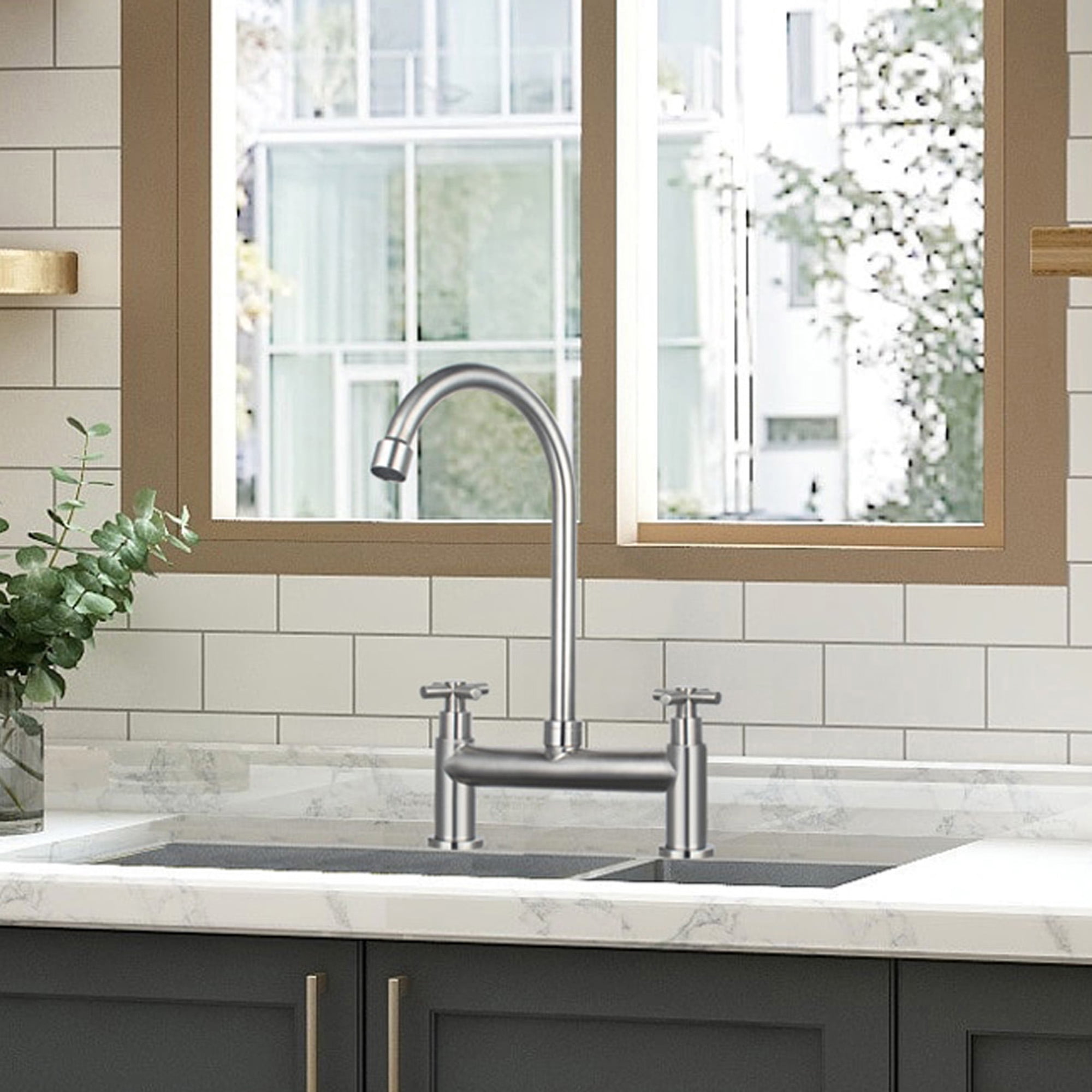 UMANYI Kitchen Faucet Deck Mount 8" Spread 2 Hole Double Handle Utility Sink Faucet Commercial Faucet 6" Swing Spout