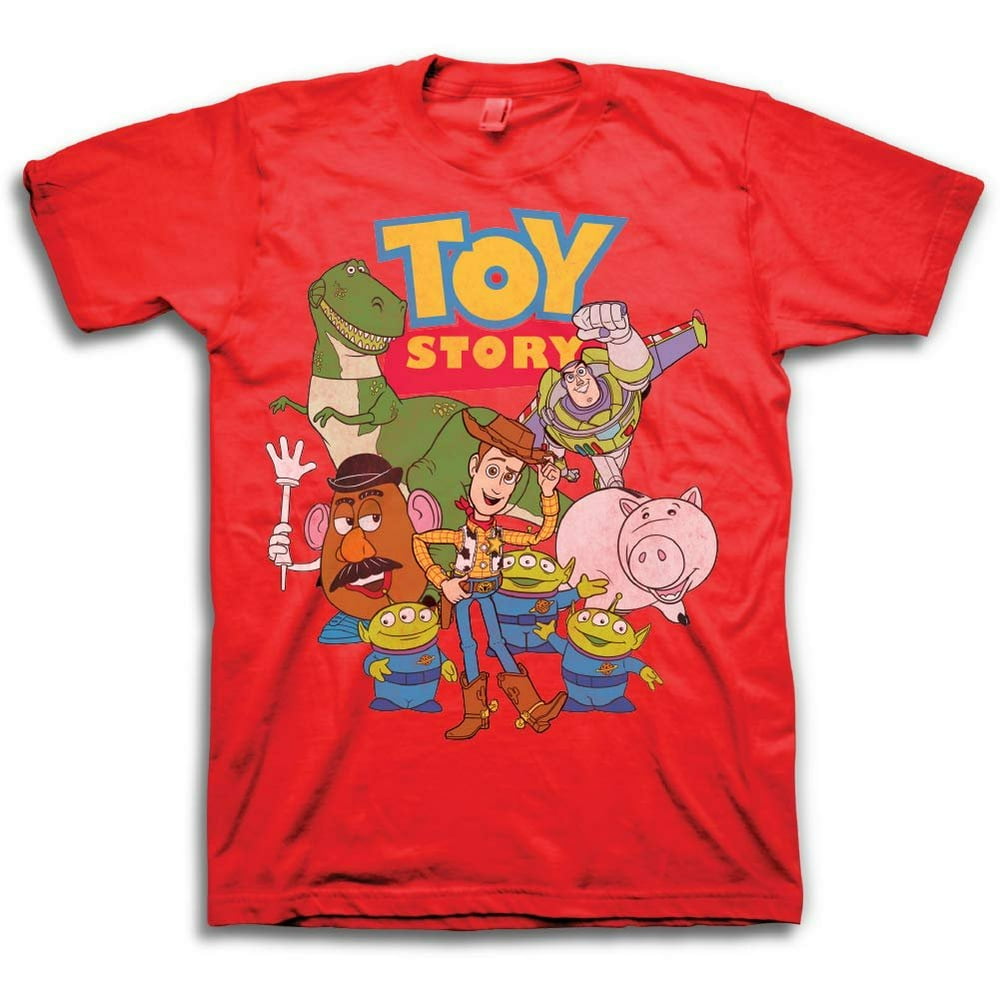 Toy Story Mens Group Shirt - Woody, Buzz Lightyear, Rex & Pizza Planet - Throwback Classic T
