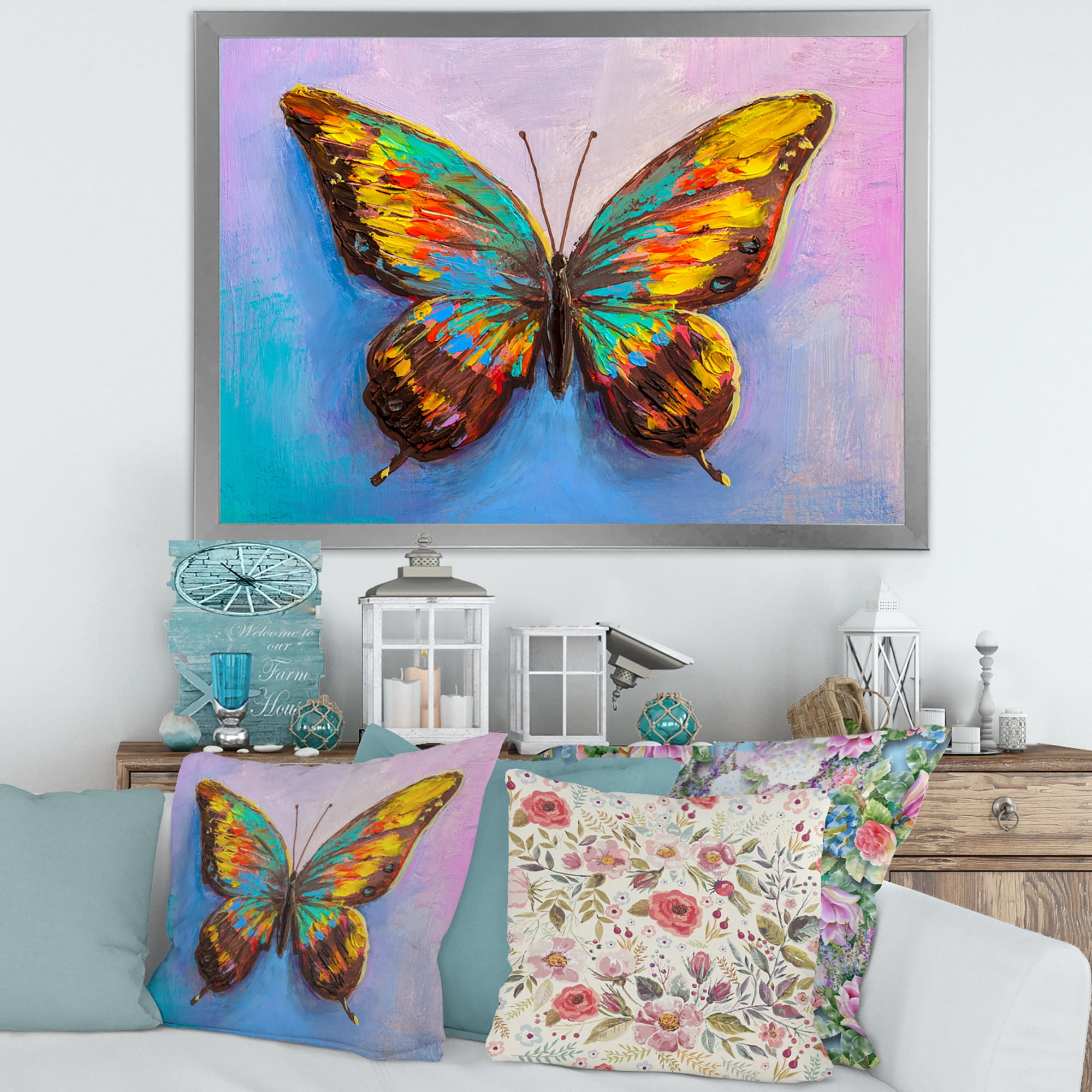 Designart 'Beautiful Butterfly In Orange and Turquoise' Modern Framed Art Print