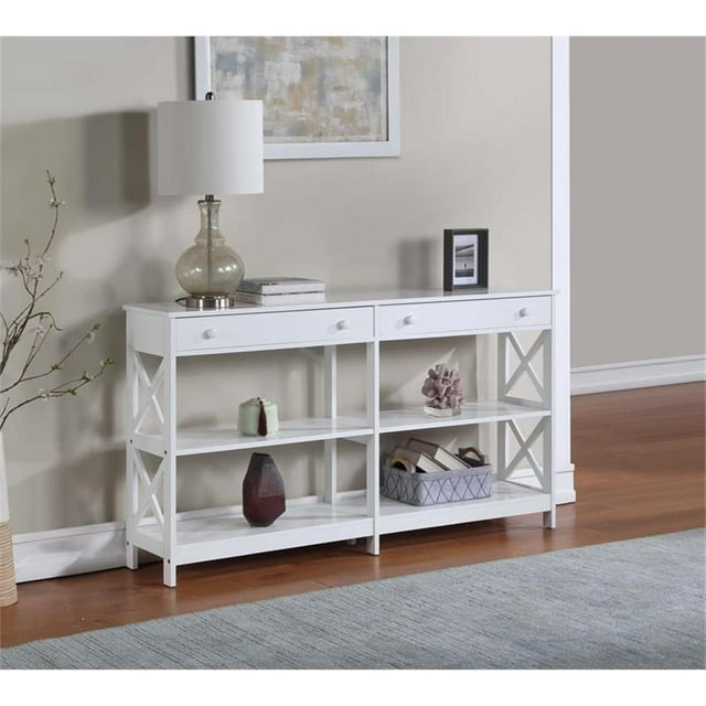 Pemberly Row Table Console de 60 Pouces à Deux Tiroirs avec Étagères, Fini Bois Blanc