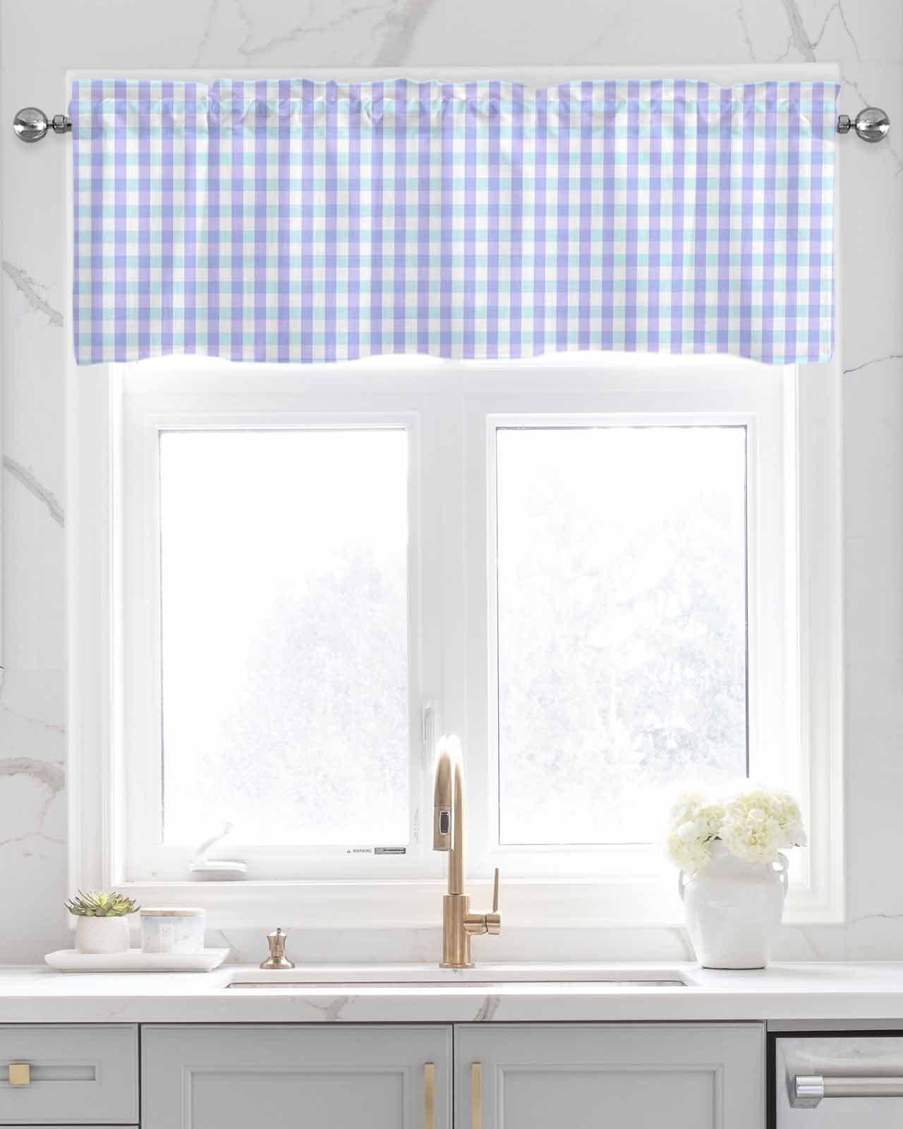 Blue Grid Kitchen Valances for Windows Farmhouse Linen Window Valance Curtain for Living Room Window Treatment Checkered Plaid Gingham Lattice Trellis Print Valance Rod Pocket Topper, 54 x 18 Inch