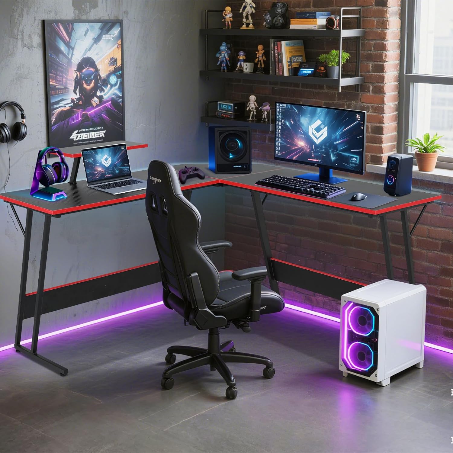 CL.HPAHKL L Shaped Gaming Desk, Corner Computer Desk Table with Monitor Stand for Home Office Study Writing, Black