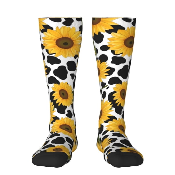 Fotbe Cow Print Sunflower Calcetas Divertidas Estampadas para Hombre y Mujer, Calcetas de Algodón hasta la Rodilla para Caminar, Correr, Enfermería y Embarazo