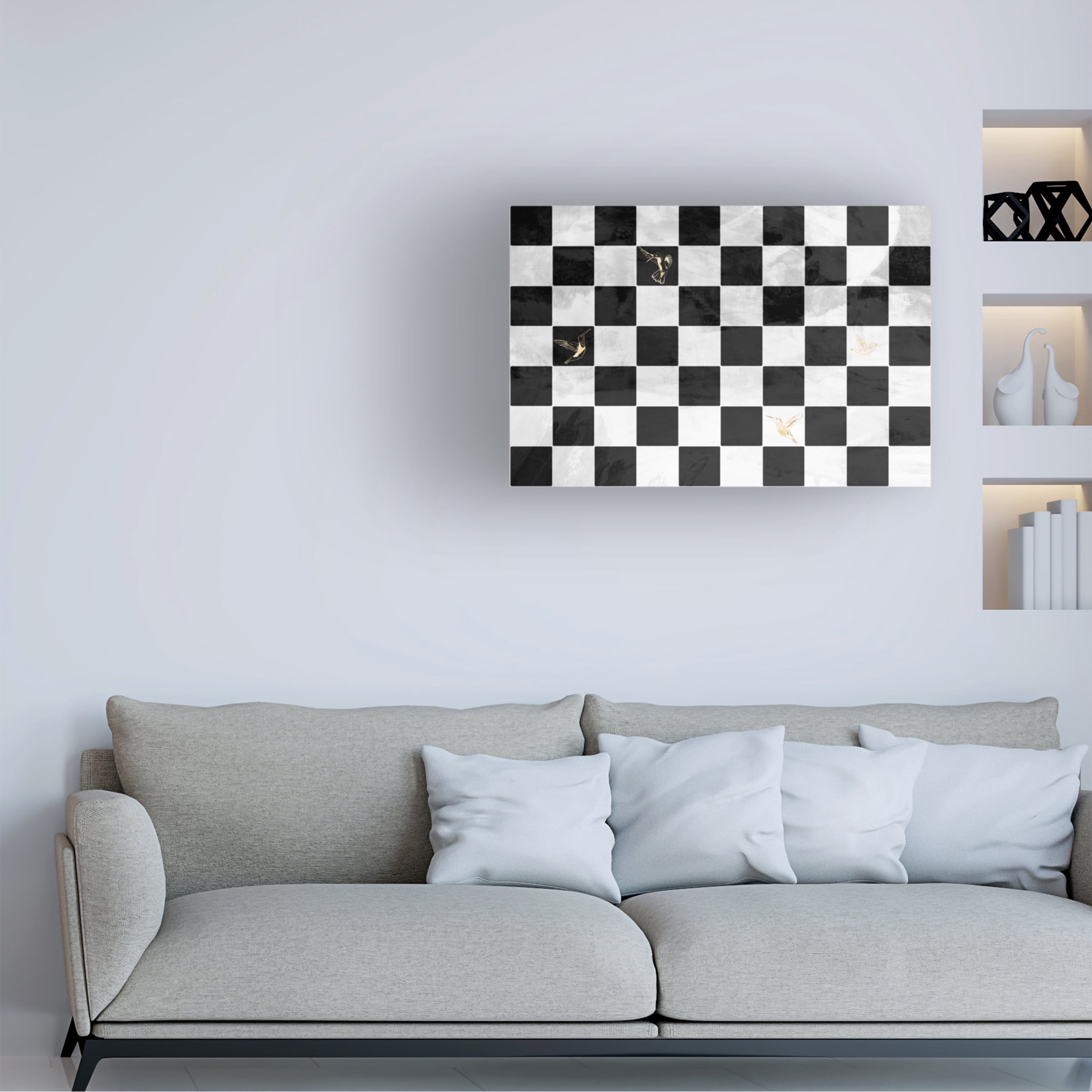 Sarah Manovski 'Checkerboard with gold hummingbirds' Canvas Art